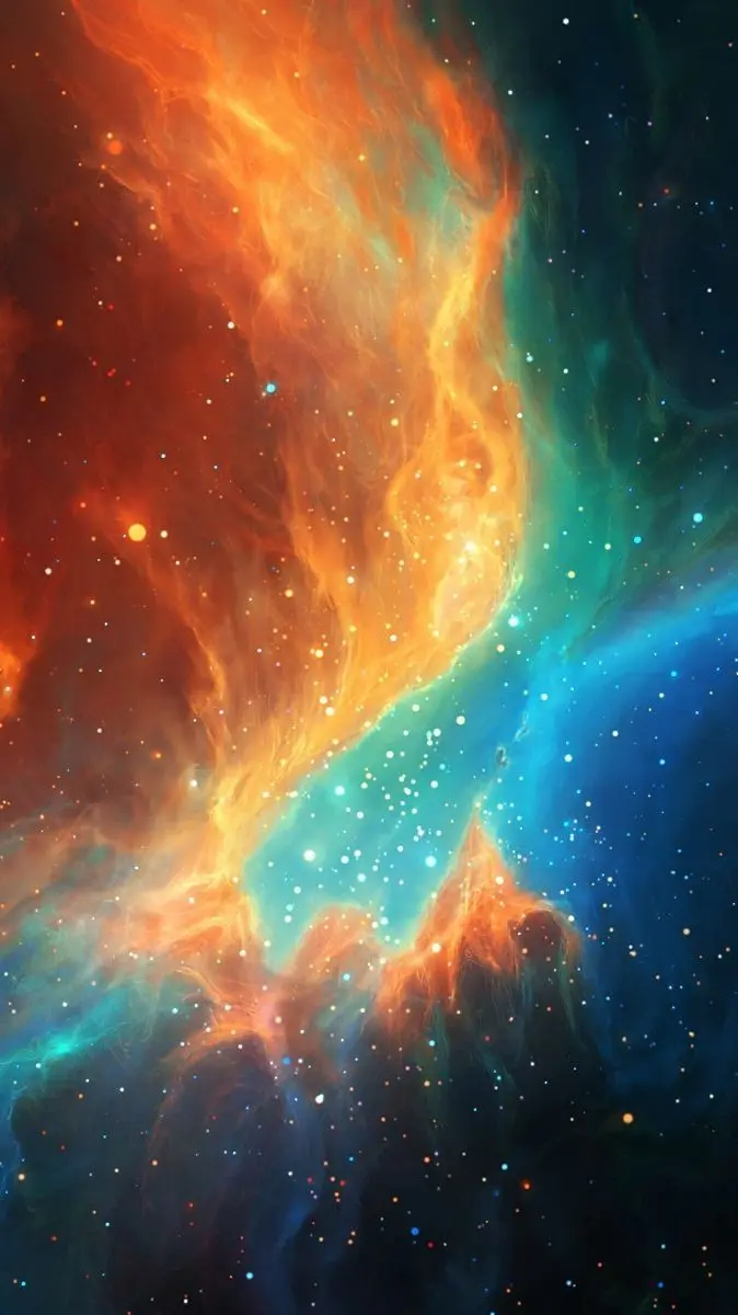 Beautiful background photo in high quality of a nebula with orange, green and blue colors for your mobile