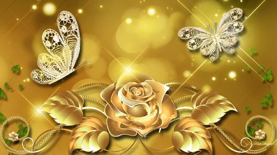 The best photo of a golden background with a golden rose and 2 beautiful butterflies