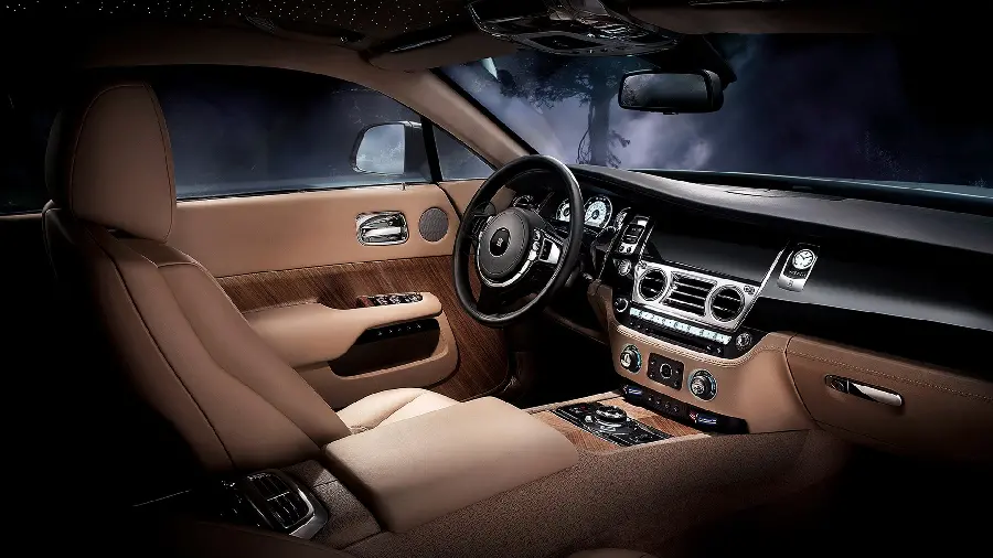A pleasant photo of the left and cream-colored background inside a Rolls Royce