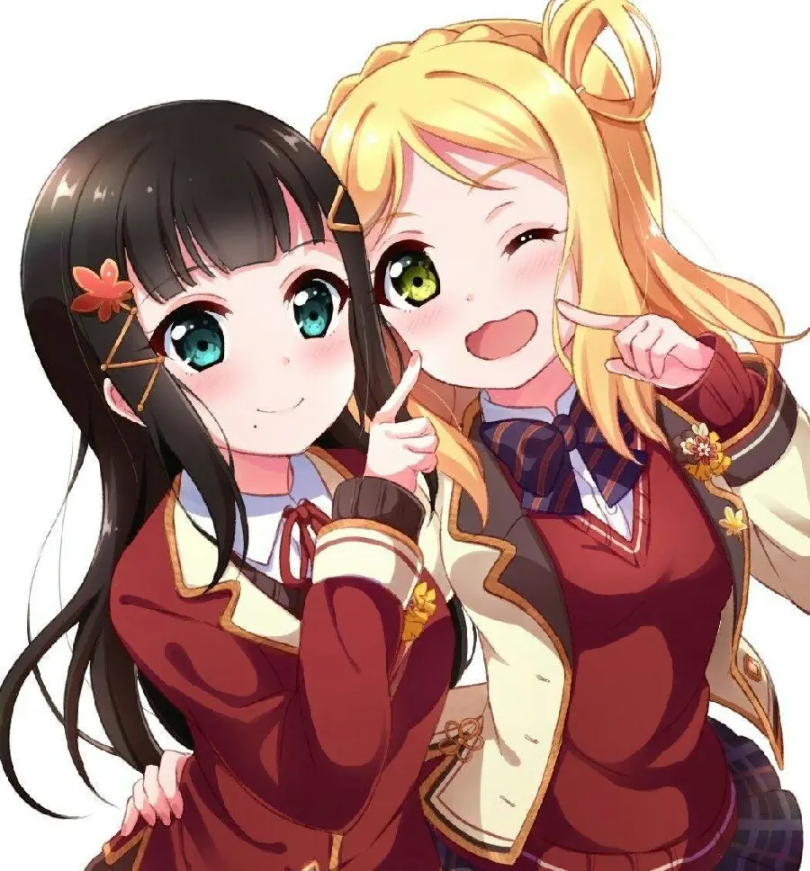 Friendship anime background with a beautiful design of two girls with black and golden hair