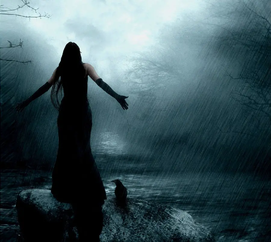 Scary anime stock photo of a girl in a black dress and a crow on a stone bench in a torrential rain anime