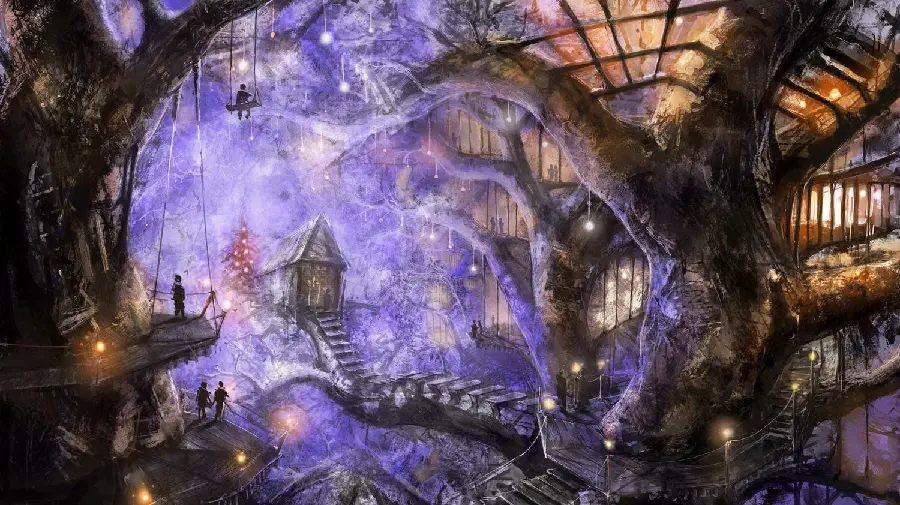 Amazing 8K Wooden Village Wallpaper with Sparkling Purple Theme