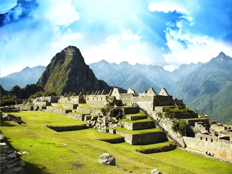 Beautiful photo of the residential areas for the king and servants and the stairs under the sunlight of Machu Picchu