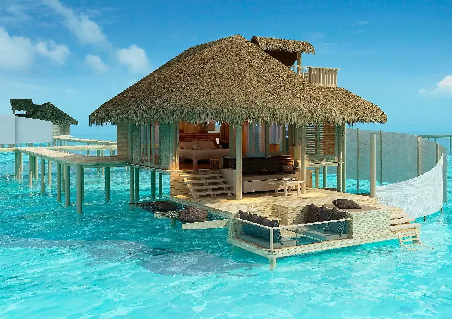 Amazing iPhone background image of a unique design of a beach house villa with a sunshade in hd quality
