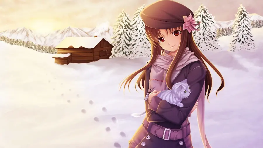 A fantasy and enchanting image of a stylish and beautiful girl with a flowered hat and a cat in her arms and a wooden hut and snowy pine trees behind her