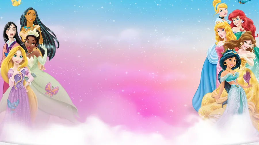 Raw photo of Disney princesses with text space for printing greeting cards for girls