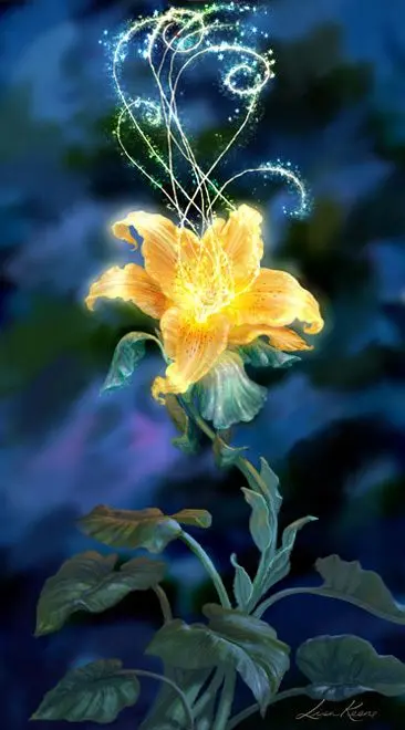 A legendary poster of a golden flower with many leaves and shining threads growing from it