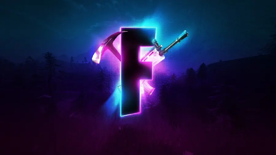 A strange fantasy image of an F with a gun and a hammer on his back in two colors of green and pink