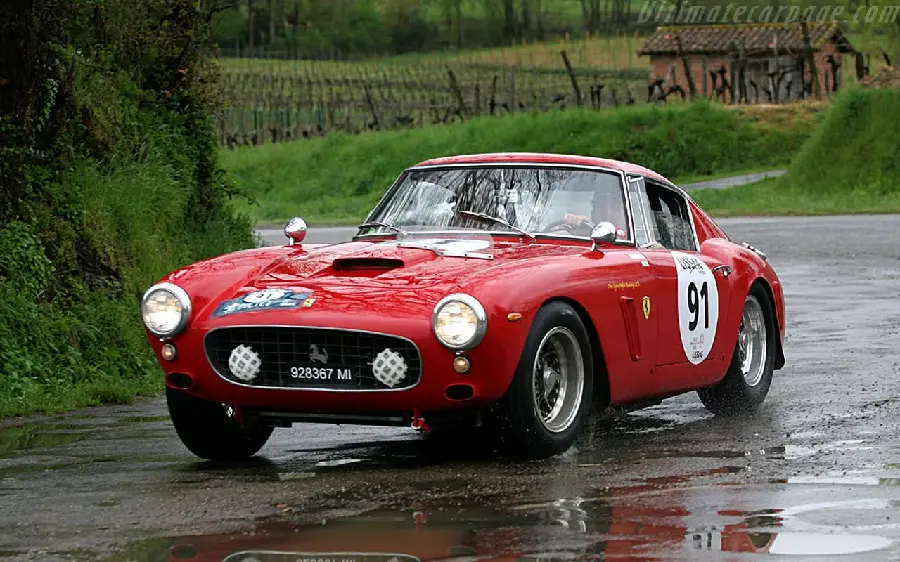 Image of a classic red Ferrari sports car next to a lush field in rainy weather in HD quality for tablets