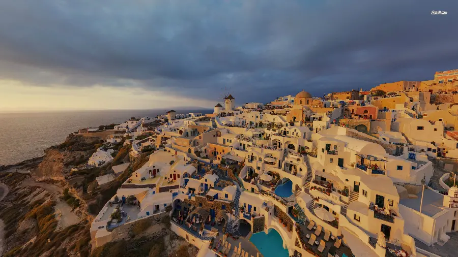 SoSantorini Island City Background in the Sky with Dark Clouds in High Quality for Tablets
