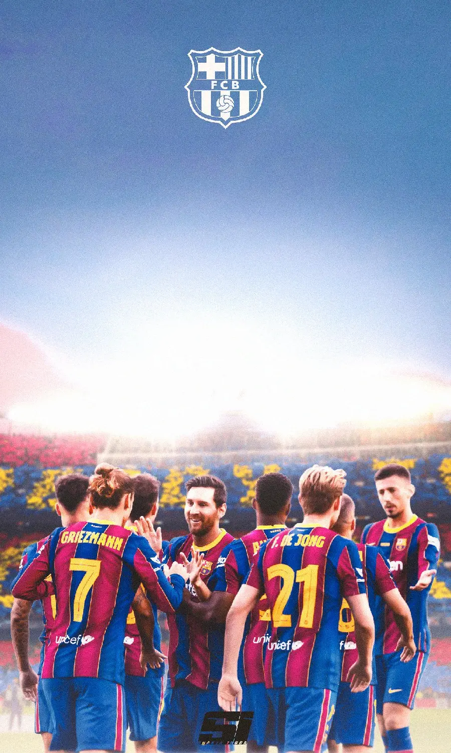 Background of Barcelona fans celebrating and shaking hands