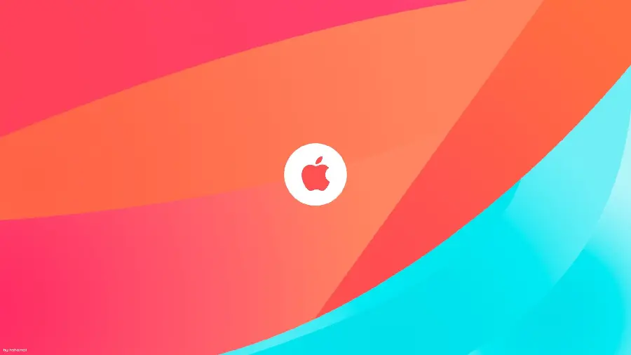 Download a photo of a bitten apple on a background with orange, pink and blue colors in high quality