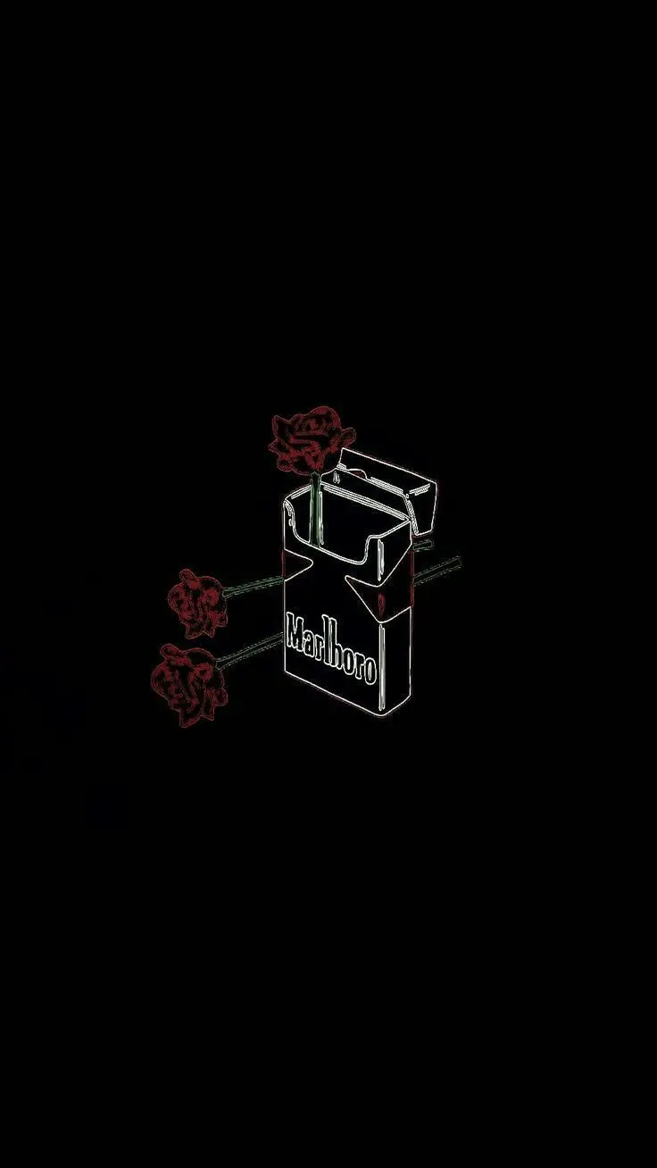A romantic black background of Marlboro cigarettes with 2 red roses next to its box and a flower inside