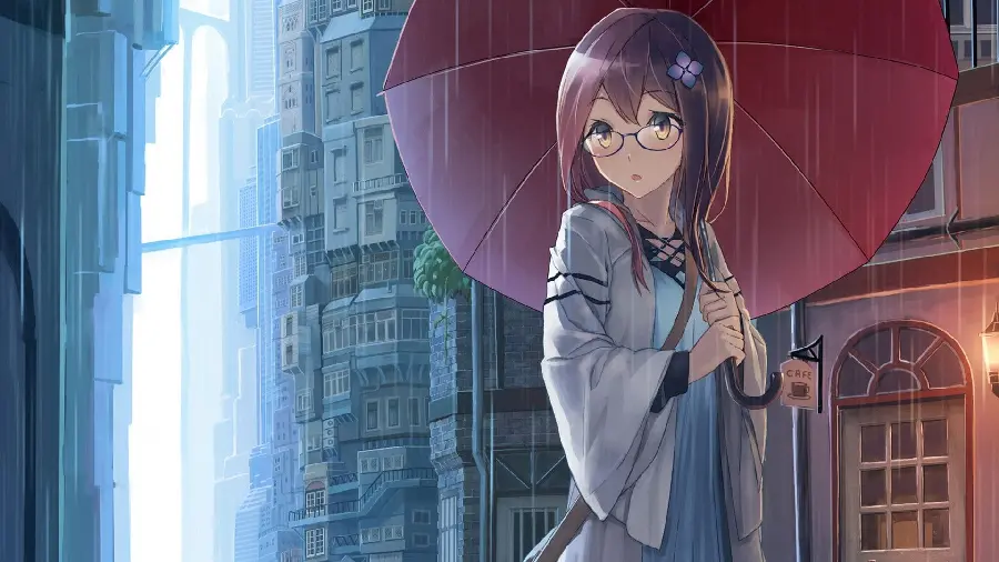 Download a cute anime girl with glasses and an umbrella in the rain in anime and beautiful clothes