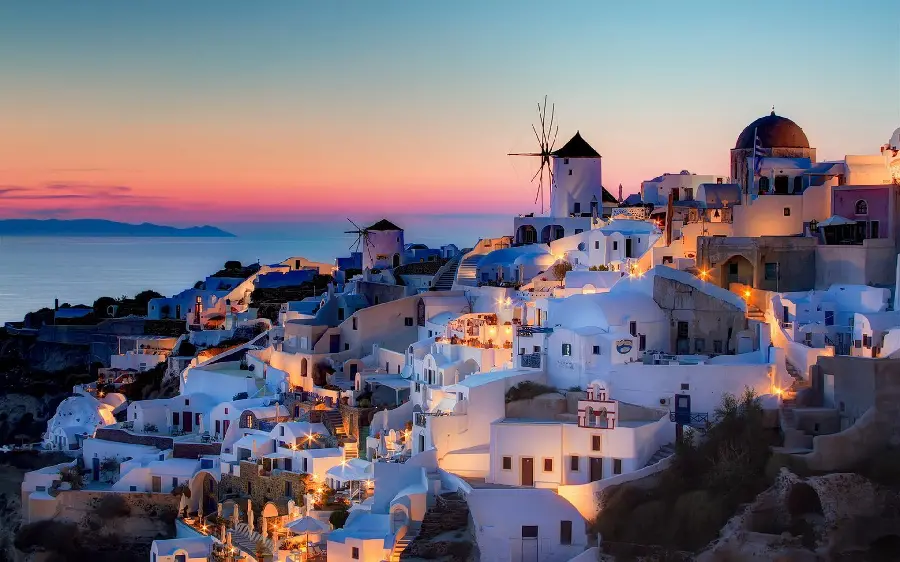 Download stunning FUII HD quality background of bright Santorini nights