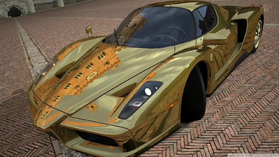 Download background of a luxurious and gold Ferrari Enzo with a mirror on a traditional street