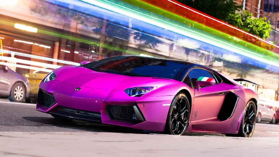 Free Download Eye-Catching Photo of Luxury Purple Lamborghini with Rainbow Background