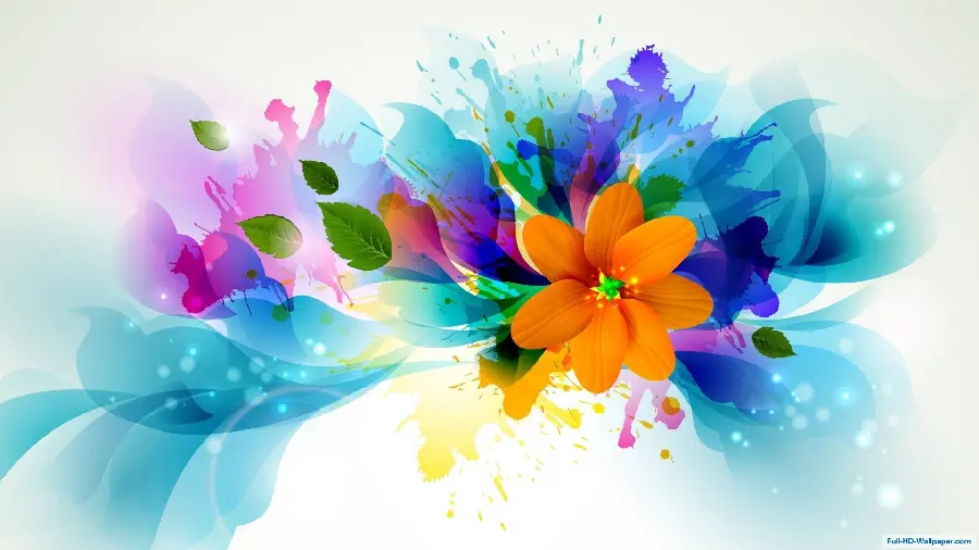 Unique graphic image of colorful flowers with a white background 