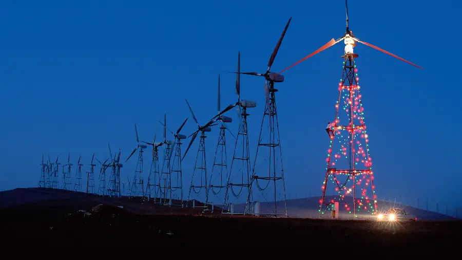 Beautiful background in nature of wind turbines in a row and a photo of colorful turbine lamps at night