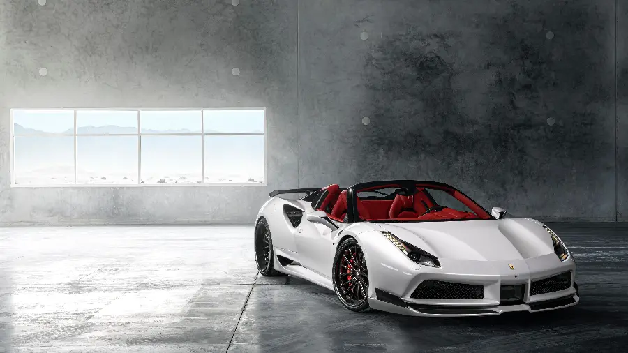 Download the background image of a luxurious white Ferrari open-top car in an abandoned space