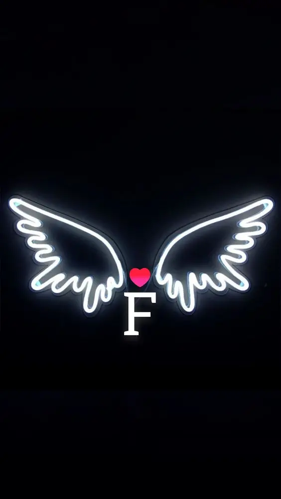 Dreamy wallpaper of the letter F with a red heart and two angel wings around it