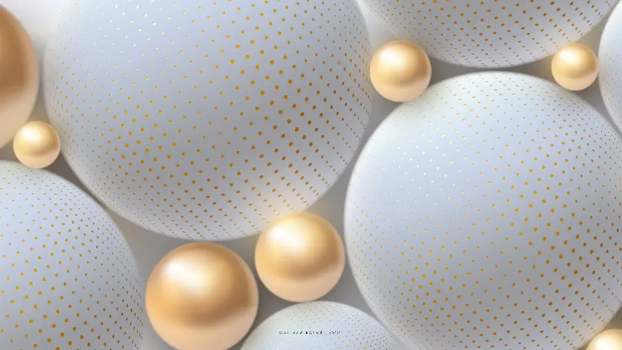 HD wallpaper of golden pearls among large white balls