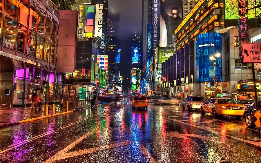 Colorful wallpaper of a city street soaked with rain