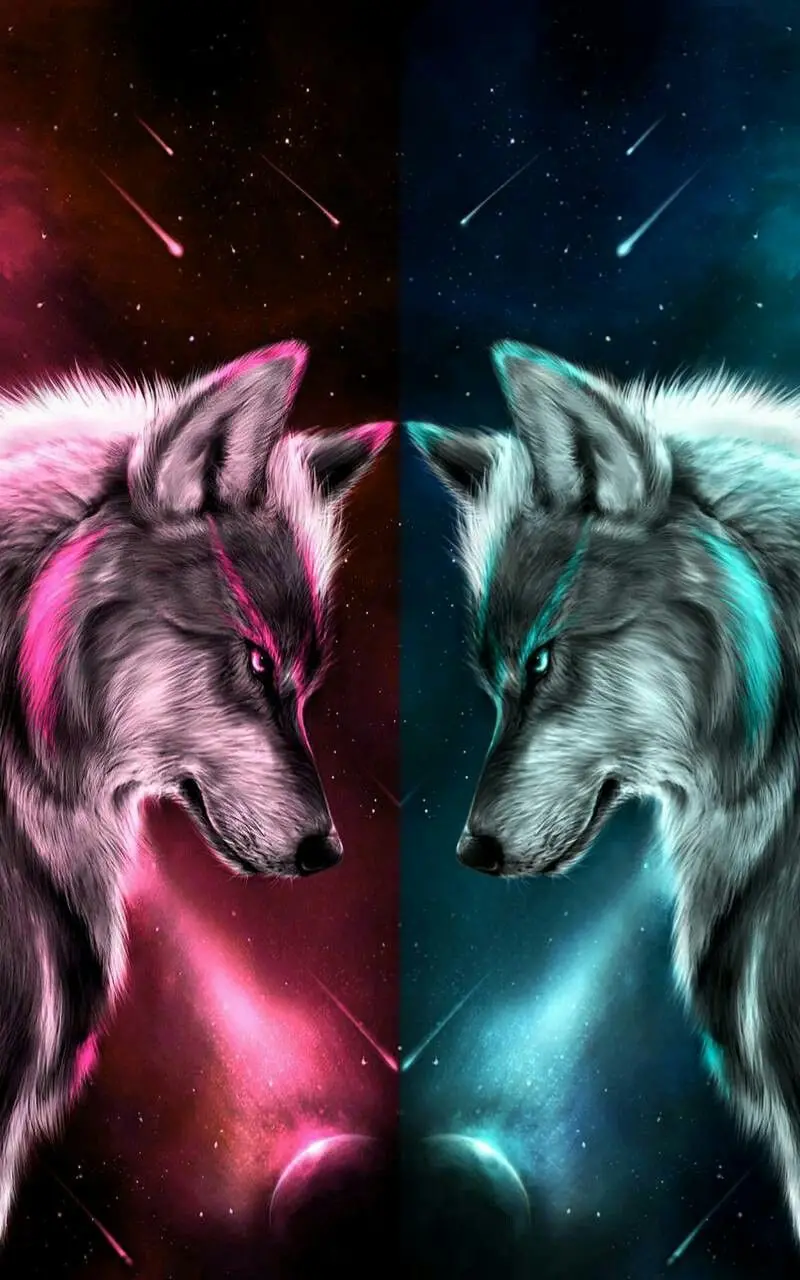 A strange graphic photo of two wolves fighting Blue and pink 