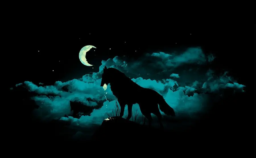 Amazing picture of a wolf with the moonIn the blue-green of the night sky