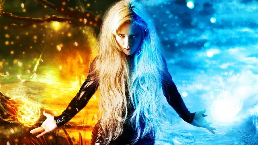 Fantasy Two-Color Fire Background of a Superpowered Girl 2022