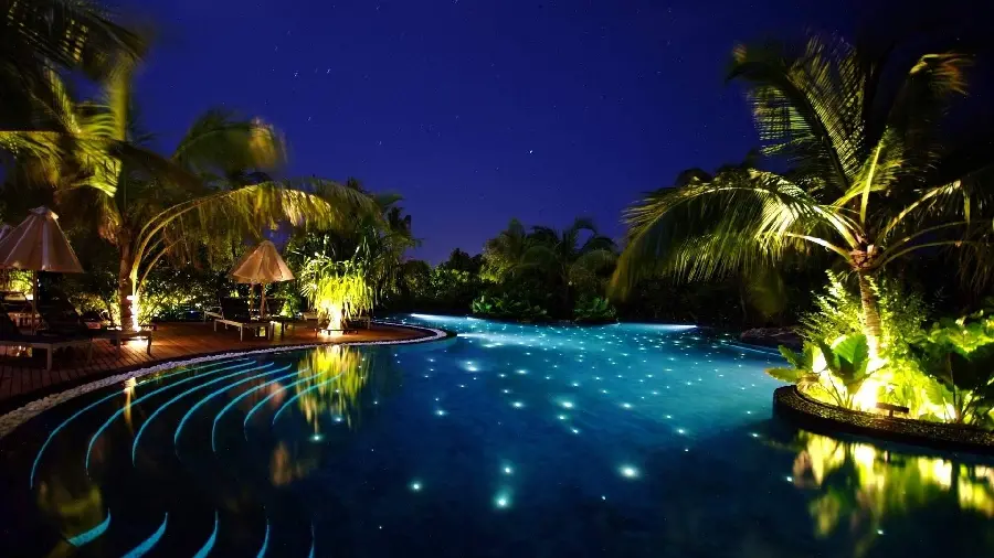 Interesting Background of Beach House and Sun Gazebo Villa with Coconut Trees and Pool at Night in HD Quality