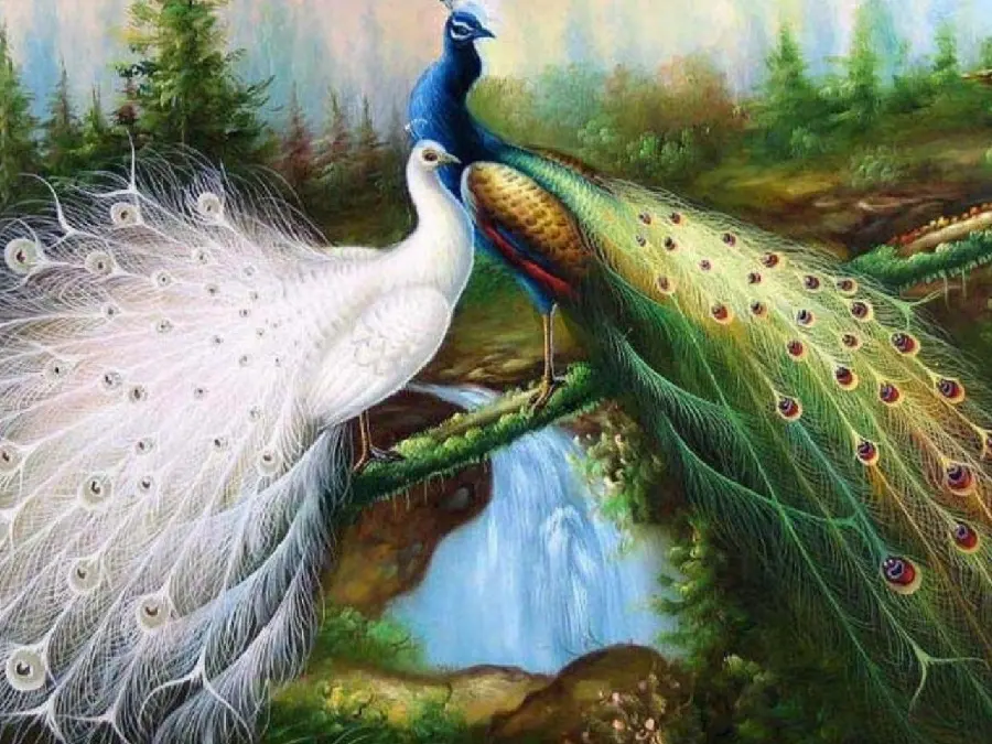 A fantasy and romantic image of two white and colored peacocks on a green bridge in the forest