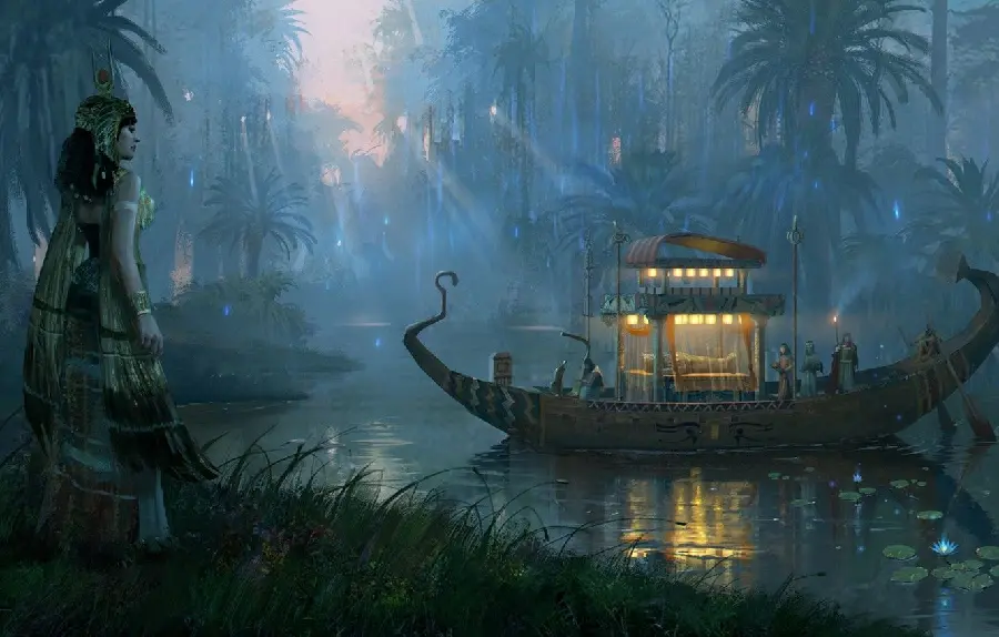 Ancient antique painting of the Nile River on a mysterious rainy night 