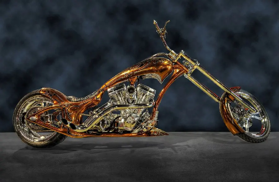 A strange fantasy image of a new and heavy custom motorcycle with a black cloudy background