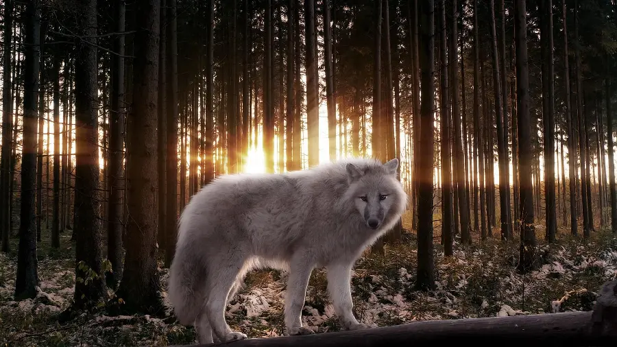 Spectacular and impressive wallpaper of white wolf in sunset light