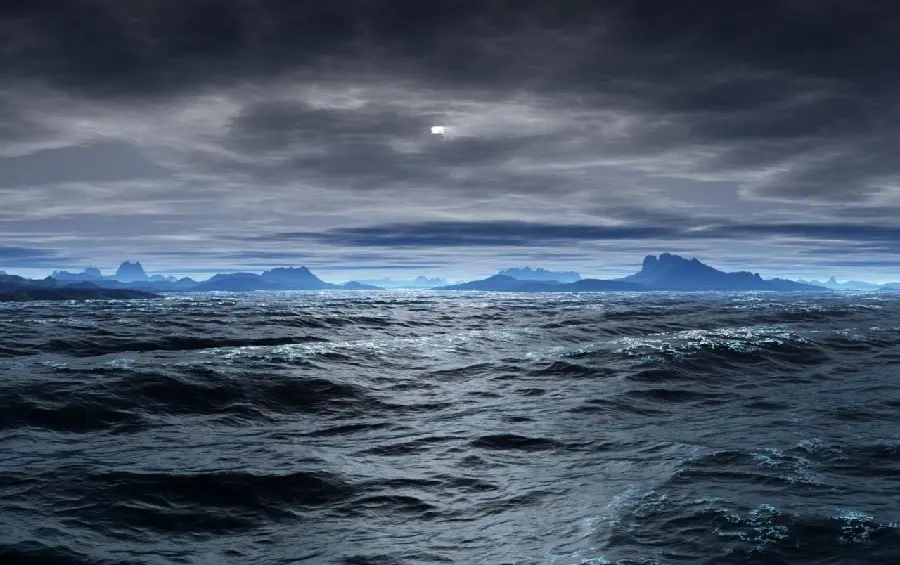 Download a disturbing photo of a stormy ocean and a blue mountain and a sky with black clouds in hd quality