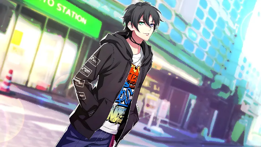Anime boy profile with beautiful green-purple two-color eyes