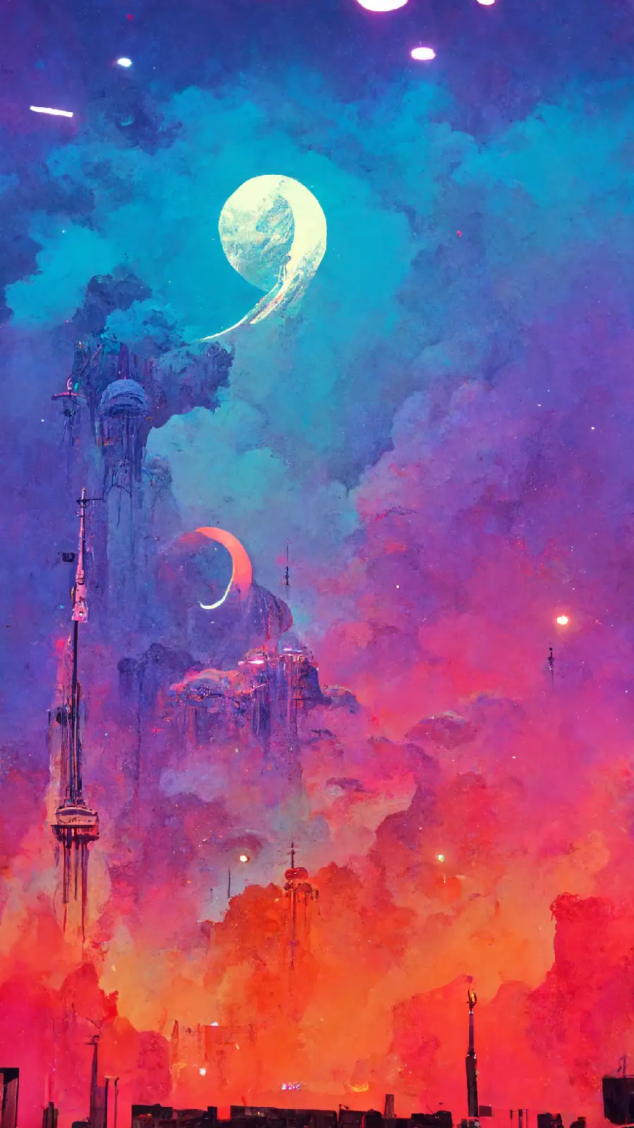 Interesting AI painting of a city in a moonlight night with a watercolor theme of blue, purple, orange