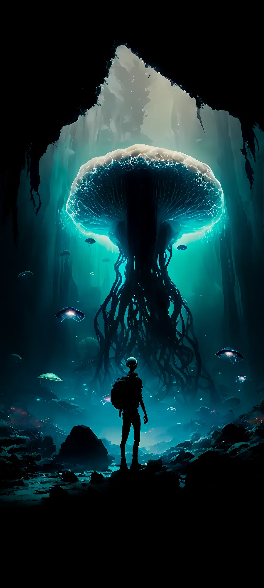 A strange Artificial Intelligence picture of a giant glowing blue jellyfish