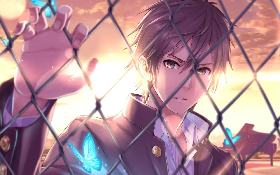 8k image of an anime boy behind a fence and blue butterflies