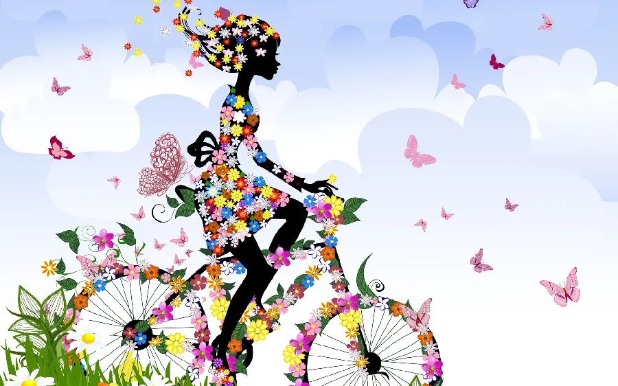 Girly profile flower girl riding a bicycle in spring