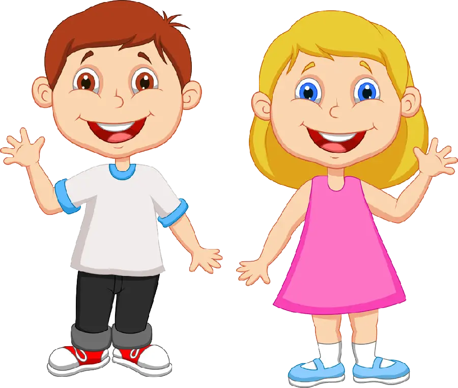 Photo of a smart and happy little girl and boy waving their hands for a children's educational clip