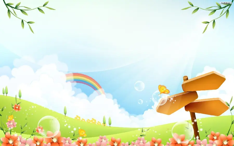 Cartoon Scene of Spring with Flowers and Butterflies and Beautiful Rainbow