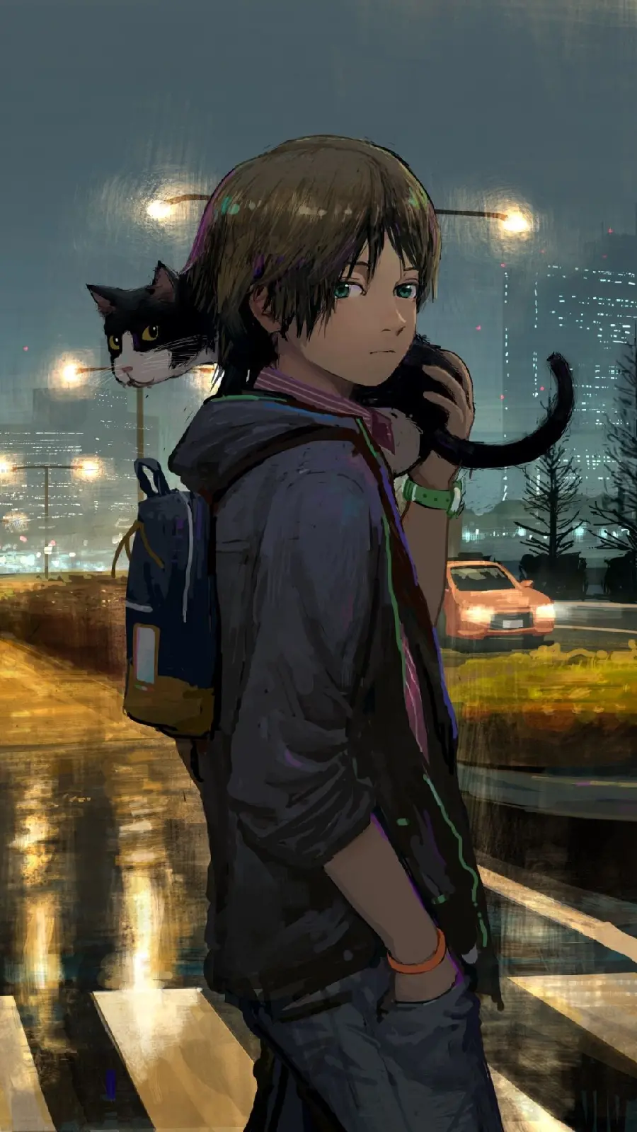Download cute background photo of an anime boy and a beautiful cat