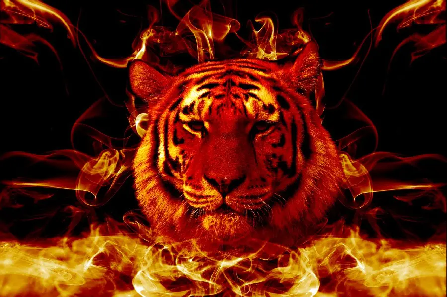 Magnificent computer wallpaper with a digital design of a tiger on fire 2023