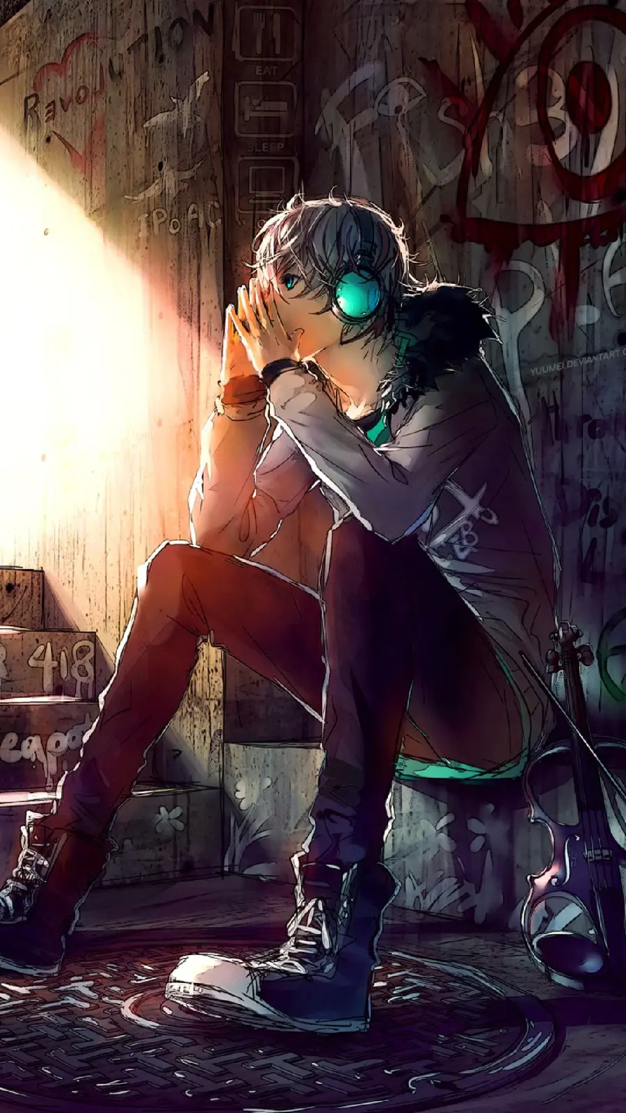 4k image of a lonely anime boy who loves songs and music