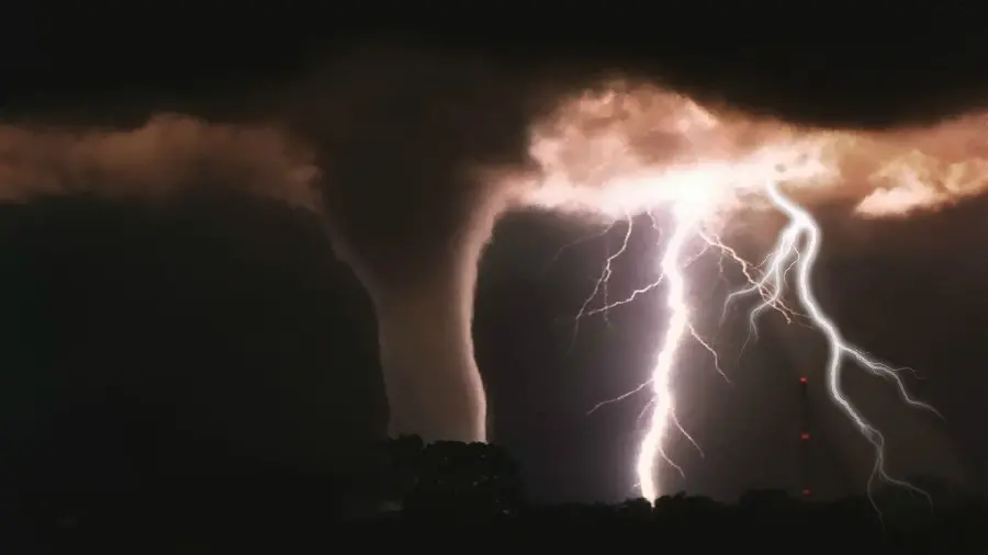 Apocalyptic tornado and lightning stock photo at night
