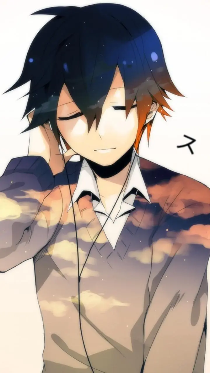 Picture of a sad anime boy listening to a song