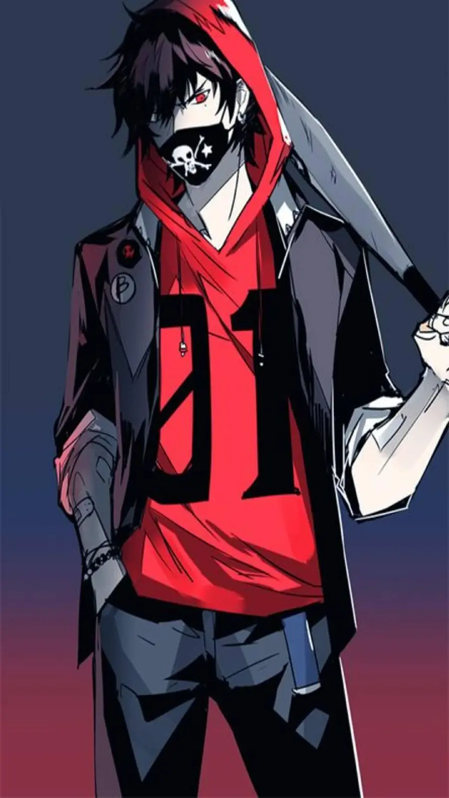 A well-dressed anime boy with a stick in his hand and a mask suitable for profile and phone wallpaper
