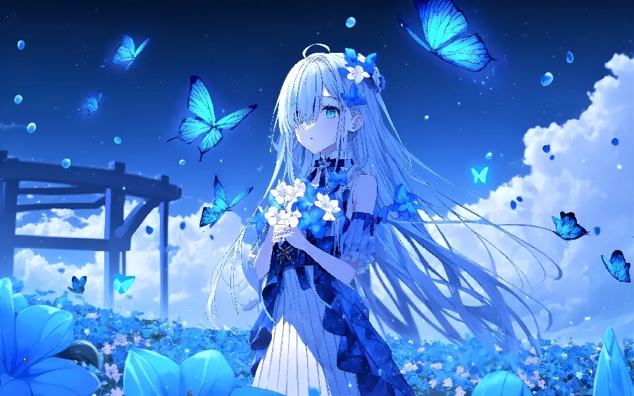 The most beautiful blue tablet wallpaper of an anime girl with flower and butterfly decoration